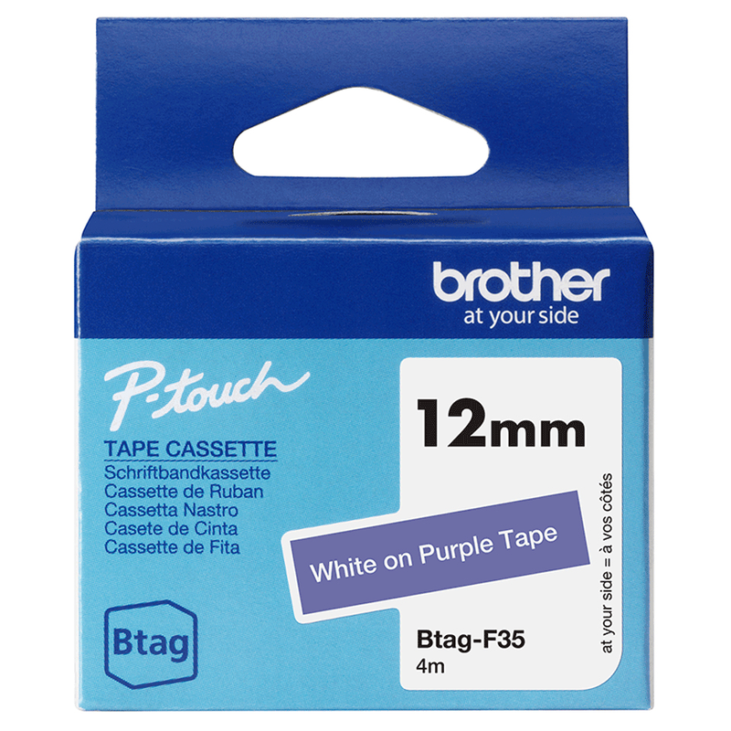 Brother p-touch btag btagf35 label tape 12mm x 4m &ndash; white on purple, , medium-null