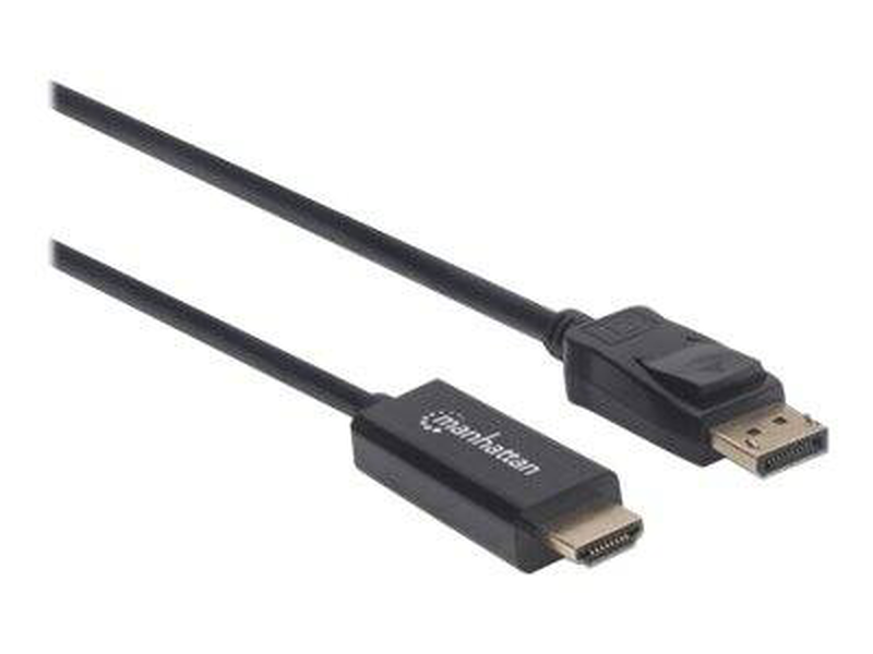 Manhattan displayport 1.2 to HDMI cable, 4k@60hz, 1.8m, male to male, dp with latch, black, not bi-directional, three year warranty, polybag - adapter cable - displayport male latched to HDMI male - 1.8 m - black - molded, 4k support, dolby dts-hd master-null