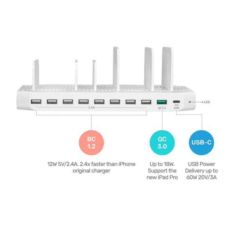 Unitek charge station 160w 10-port 8×2.4a + 1xqc3.0 + 1xpd60w y-2190, , medium-null