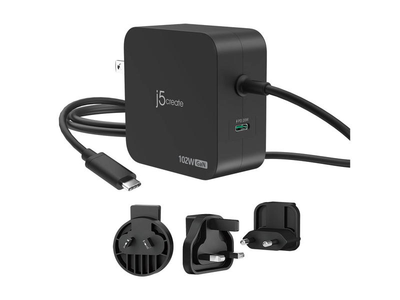 J5create jup25102v 102w gan pd USB-c 2-port charger tethered cable changeable ac plugs black jup25102v-n-null