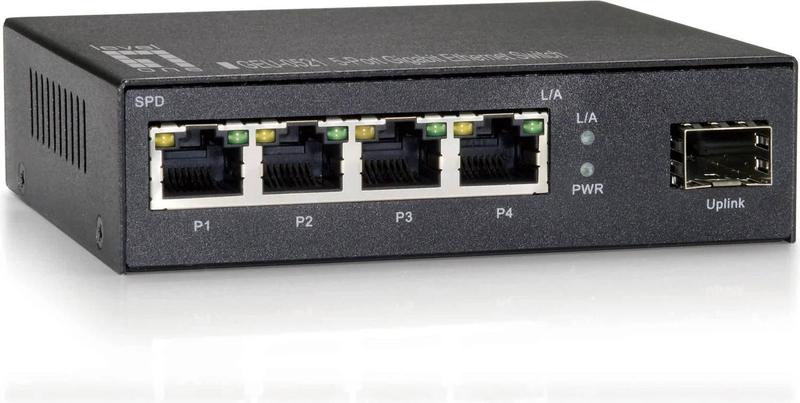Levelone geu-0521 5-port gigabit unmanaged switch 4x rj-45 1x sfp fiber uplink 10/100/1000 mbps fanless desktop black-null