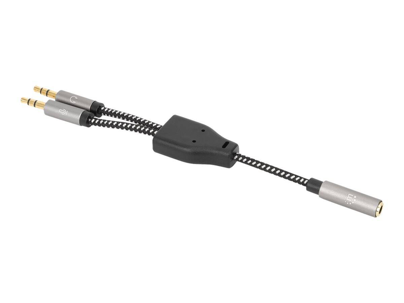 Manhattan headset adapter cable with stereo audio y-splitter, 3.5mm, aux, 15cm, female/2x male, splits single headset plug into microphone and audio plugs, slim design, black/silver, gold plated contacts and pure oxygen-free copper wire, lifetime warranty-null