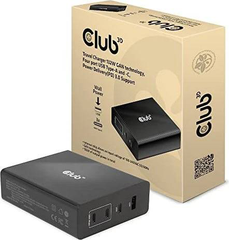 Club 3d cac-1906 132w gan USB charger 4-port USB-c and USB-a power delivery for laptops phones black-null
