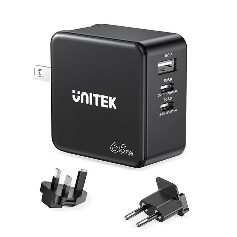 Unitek charge wall 65w 4in1 gan charger black p1117b, , medium-null