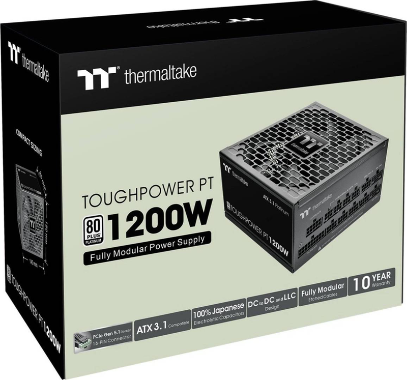 Thermaltake toughpower pt 1200w atx 3.1 psu 80+ platinum fully modular pcie 5.1 dual 12v-2x6 135mm black-null
