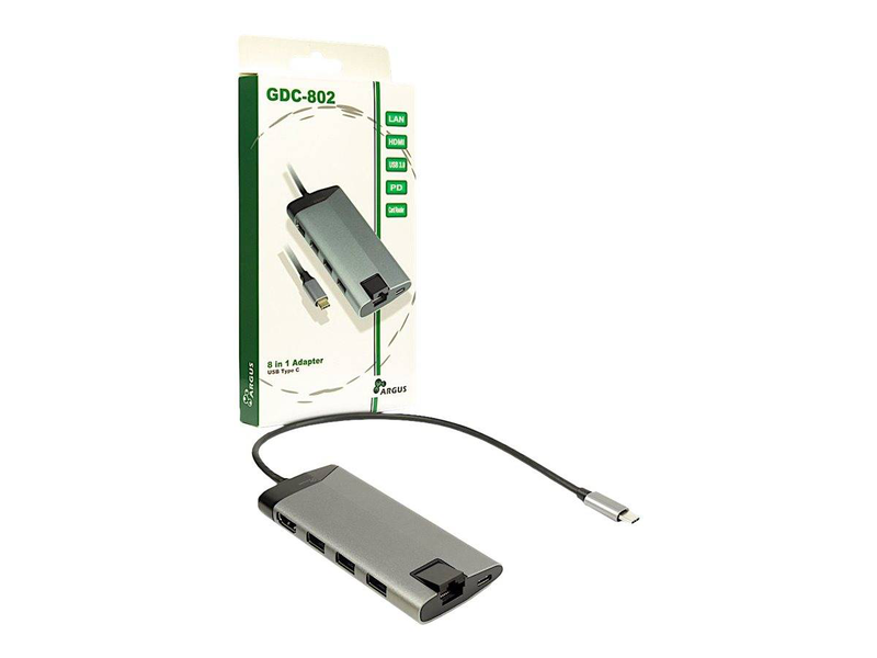 Inter-tech argus gdc-802 | USB-c docking station | HDMI 4k 30hz | 3&times; USB-a 3.0 | gigabit ethernet | sd/microsd card reader | 100w pd | rgb | aluminium, , medium-null
