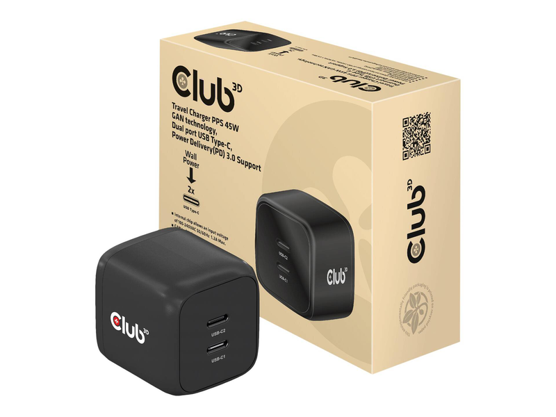 Club 3d cac-1909 / power adapter / pps and gan technology / 45 watt / 3 a / pd 3.0 / 2 output connectors (2 x USB-c) / on cable: USB-c / european union, , medium-null