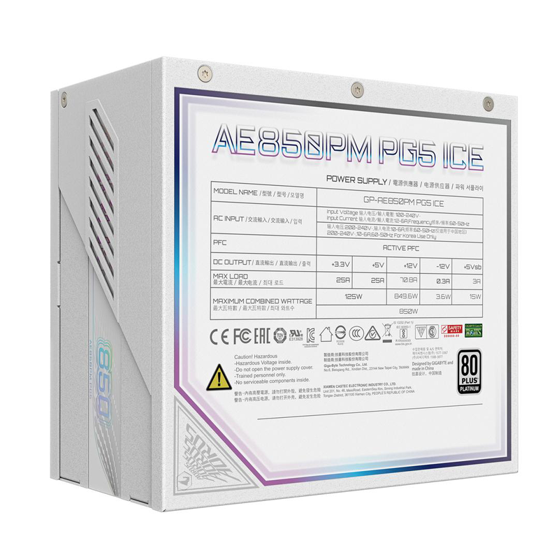 Gigabyte aorus elite p850w ice power supply - pcie 5.0, 80 plus platinum, fully modular design, 120mm fan, atx 3.0 compatible, eu plug, 850 w, 100 - 240 v, 50/60 hz, 12 a, active, 125 w, , medium-null