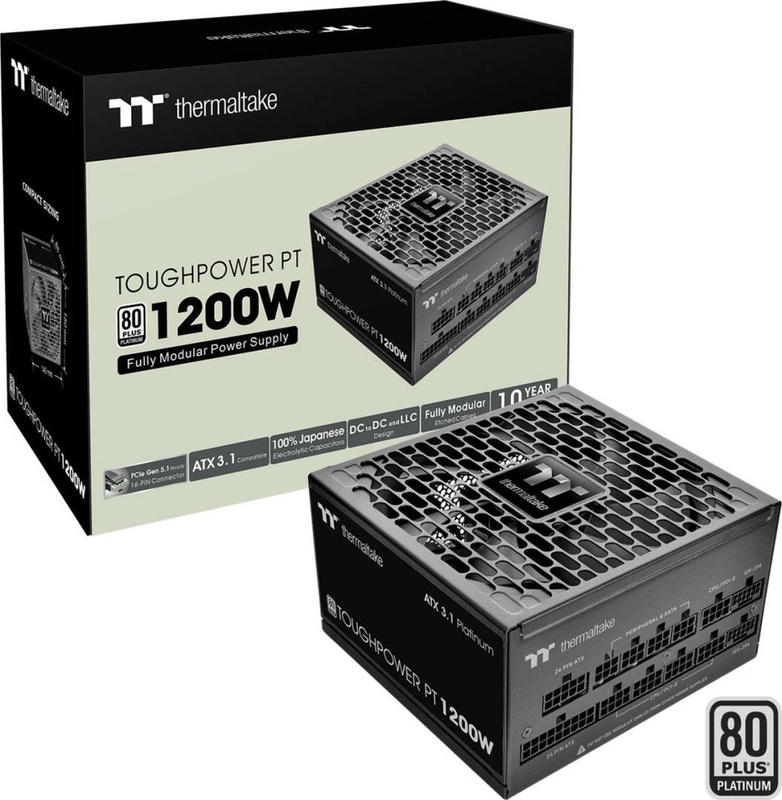 Thermaltake toughpower pt 1200w atx 3.1 psu 80+ platinum fully modular pcie 5.1 dual 12v-2x6 135mm black-null