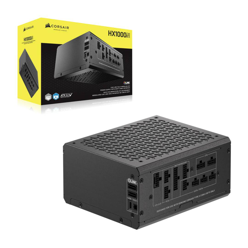 Corsair hx1000i shift 1000w atx 3.1 psu 80+ platinum cybenetics fully modular side-connectors icue 12v-2x6 black-null