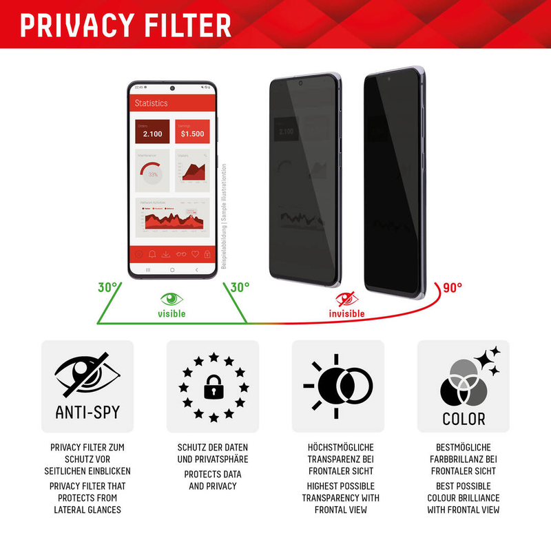 Displex real glass screen protector for mobile phone glass with privacy filter / 2-way / frame colour black / for apple iPhone 15, 15 pro, , medium-null