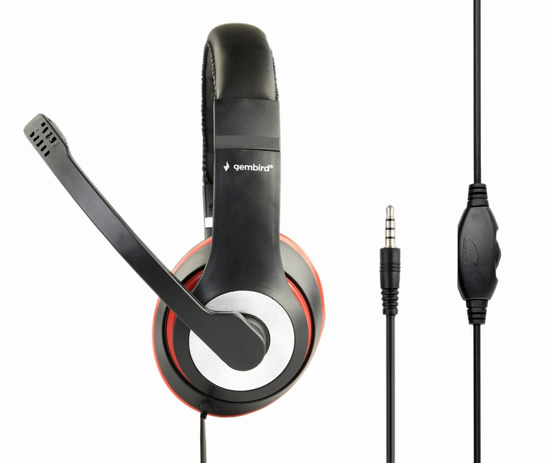 Gembird mhs-03-bkrd wired stereo headset 40mm drivers rotating mic in-line volume 3.5mm black red-null