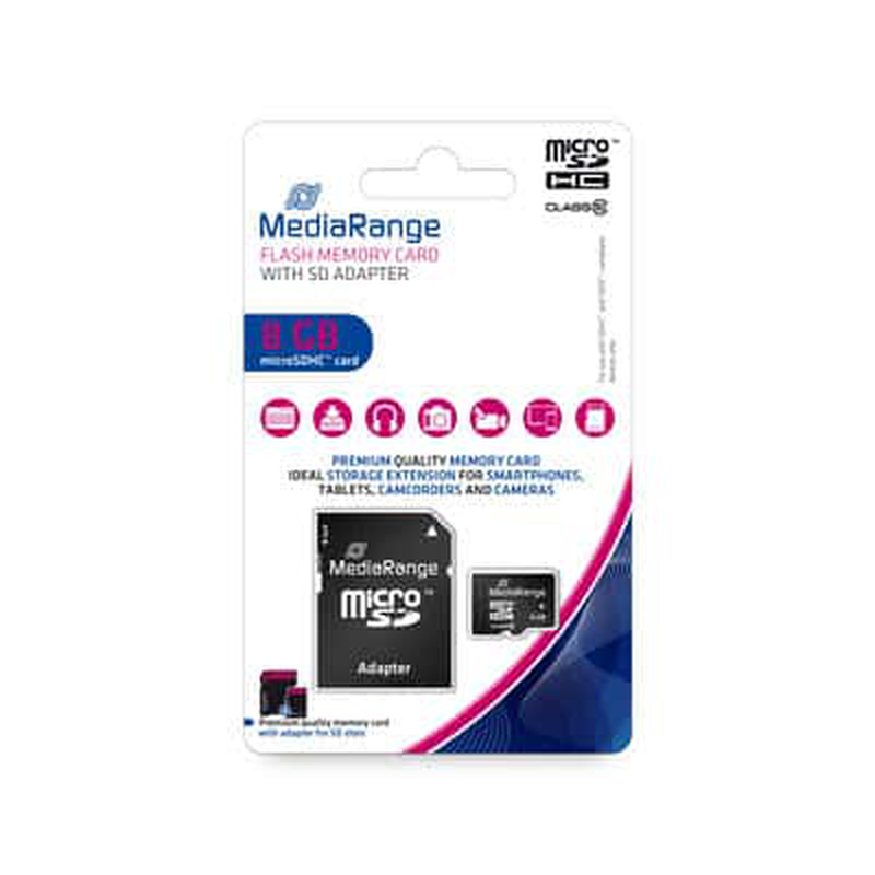 Mediarange micro sdhc class 10 with sd adaptor 8GB mr957, , medium-null