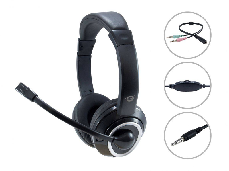 Conceptronic polona02ba on-ear stereo headset wired 3.5mm with splitter flexible boom mic volume control black-null