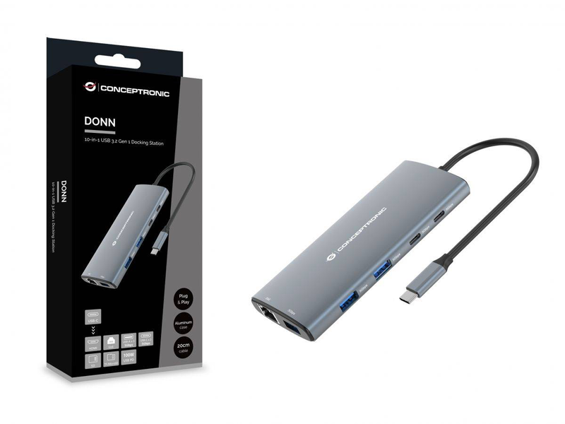 Conceptronic donn06g 10-in-1 USB 3.2 Gen 1 docking station, HDMI, 100w USB pd, USB-c 5GBps x 2, USB-a 5GBps x 3, sd, tf/microsd, gbe, , medium-null