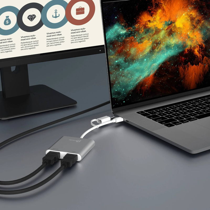 J5create jca365 USB-c to dual HDMI multi-monitor adapter 4k extend and mirror aluminum silver jca365-n-null
