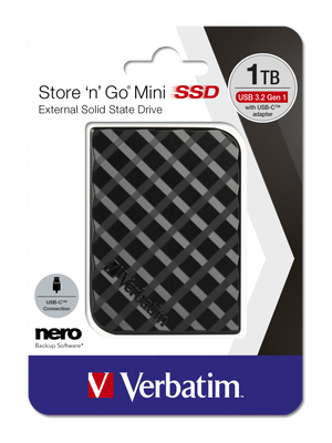 Verbatim ssd external USB 3.2 Gen1 1TB mini  with USB-c adaptor, , medium