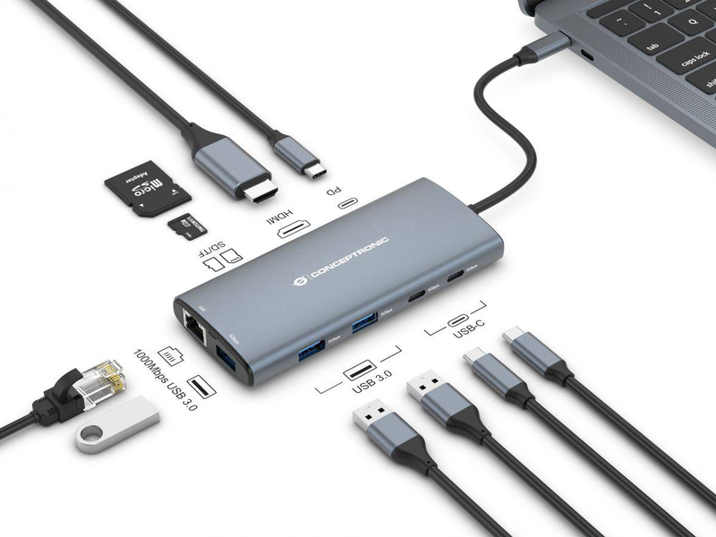 Conceptronic donn06g 10-in-1 USB 3.2 Gen 1 docking station, HDMI, 100w USB pd, USB-c 5GBps x 2, USB-a 5GBps x 3, sd, tf/microsd, gbe, , medium-null