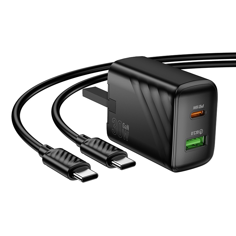 Hoco cs23b sunlight 30w 3pin uk charger 2 port USB-c + USB-a  + USB-c cable 1m black, , medium-null