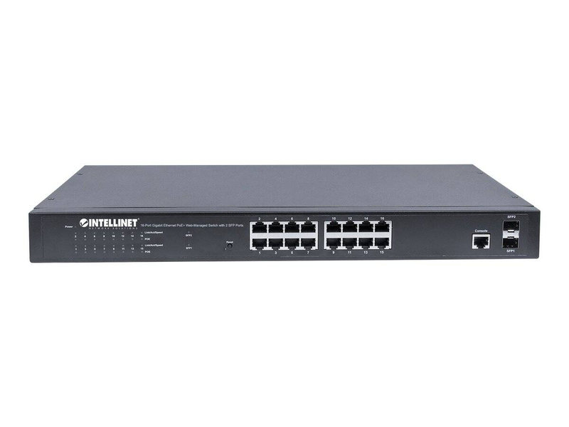 Intellinet 561198 16-port gigabit poe+ managed switch | 2 sfp | 374w | buffer memory (kbytes): 512 | link aggregation groups: 8 | 2.5 kg, , medium-null
