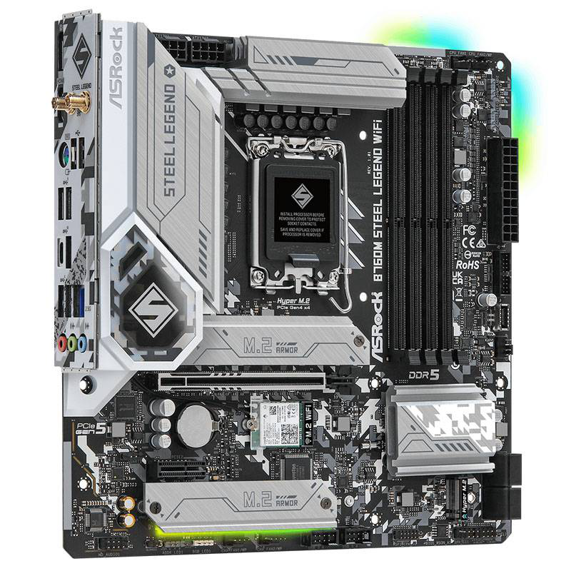 Asrock b760m steel legend Wi-Fi ddr5 micro-atx motherboard lga 1700 intel b760 pcie 5.0 triple m.2 Wi-Fi 6e 2.5GBe grey-null