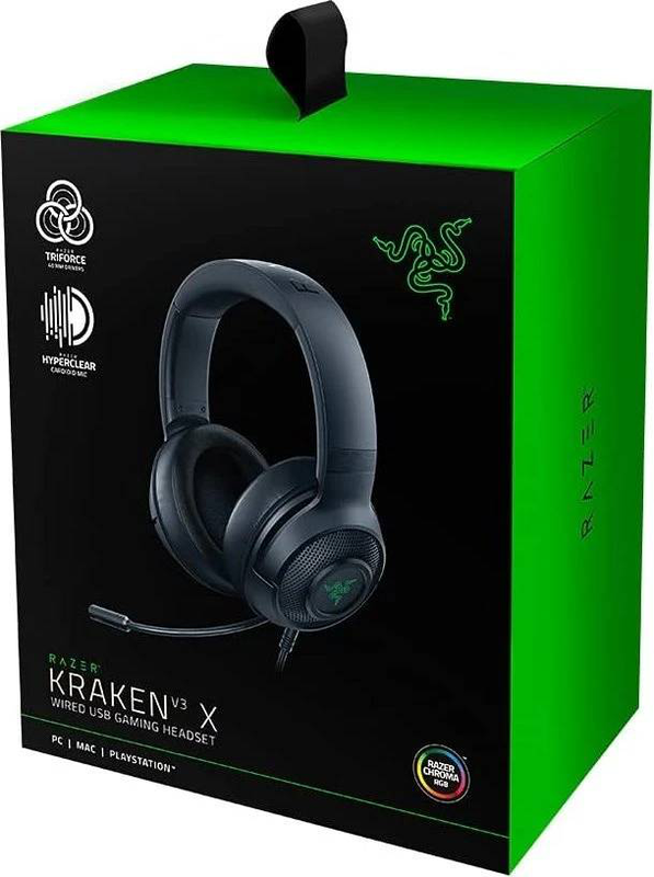 Razer kraken v3 x wired USB gaming headset rz04-03750300-r3m1 triforce 40mm 7.1 surround hyperclear mic chroma black-null