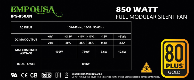 Inca empousa ips-850xn 850w atx power supply 80 plus gold fully modular 120mm fan black-null
