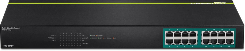 Trendnet tpe-tg160g 16-port gigabit poe+ unmanaged switch 10/100/1000 mbps 246w 30w per port rackmount 1u black-null
