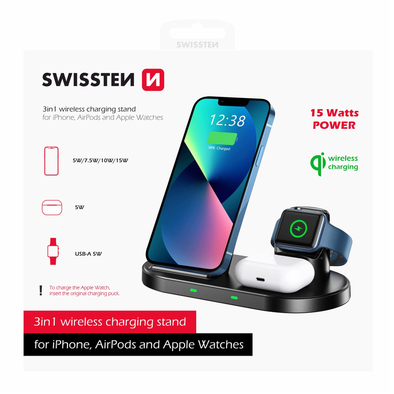 Swissten wireless 3 in 1 charger 15w black, , medium-null
