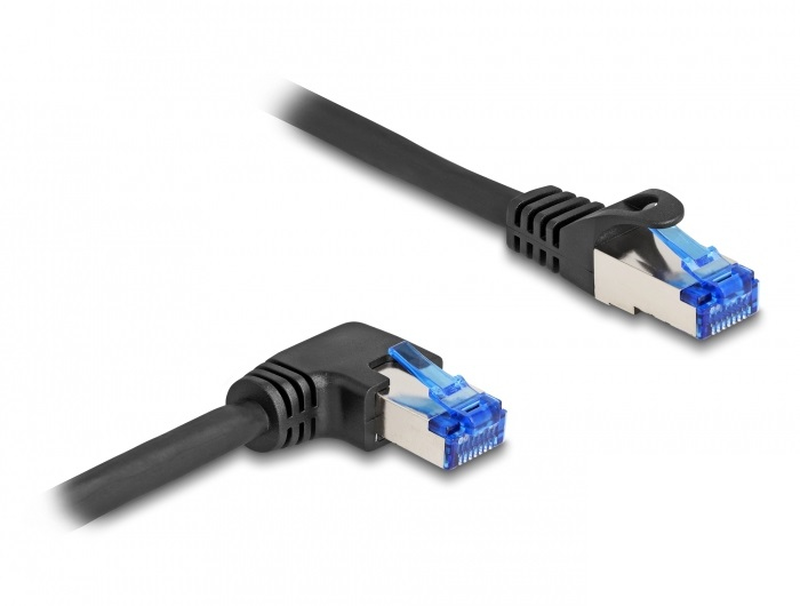 Delock - network cable - rj-45 (m) straight to rj-45 (m) right-angled - 50 cm - 6 mm - s/ftp - cat 6a - halogen-free, snagless - black-null