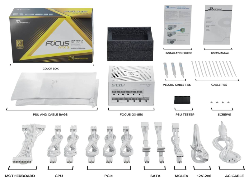Seasonic focus gx-850 v4 white atx 3.1 850w fully modular power supply 80 plus gold 12v-2x6 white-null