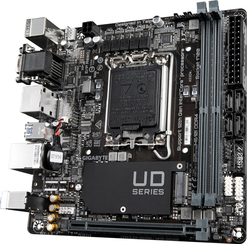 Gigabyte h610i ddr4 mini-itx motherboard lga 1700 intel h610 pcie 4.0 x16 m.2 quad display HDMI dp vga gbe black-null