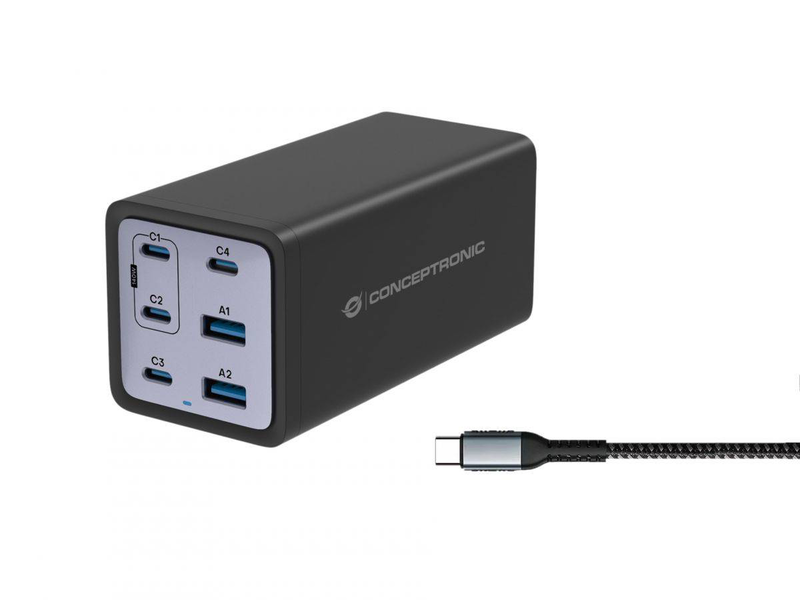 Conceptronic ozul06be 200w gan USB charger 6-port USB-c and USB-a power delivery for laptops phones black-null