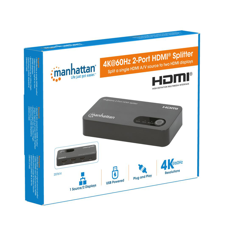 Manhattan HDMI splitter / video/audio splitter / 4k, 60hz, with downscaling / 2 x HDMI / desktop-null