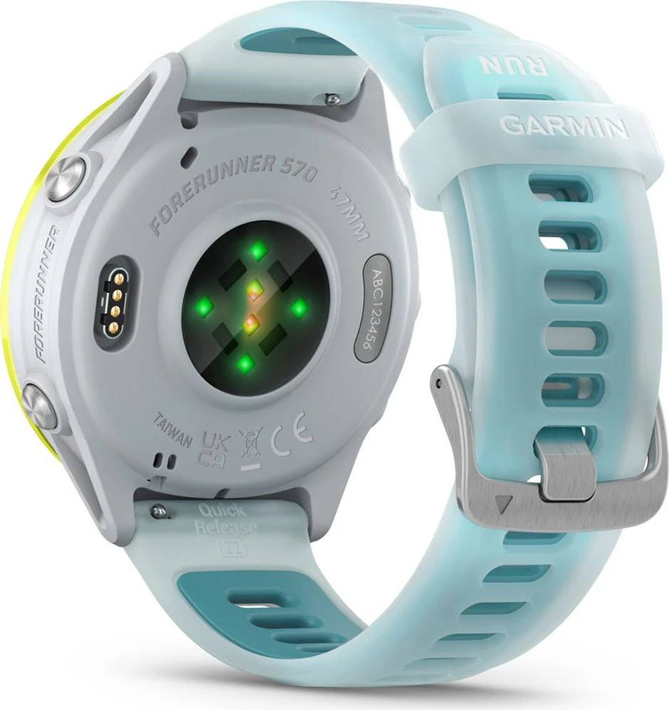 Garmin forerunner 570 GPS running smartwatch | 47mm | amOLED | amp yellow aluminium | translucent whitestone/turquoise band, , medium-null