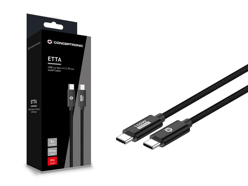 Conceptronic etta02b20 USB 3.2 Gen 2 c-c pd 3.0 100w cable 2m, 20v 5a, 10GBps, e-mark, 2 m, USB c, USB c, USB 3.2 Gen 2 (3.1 Gen 2), 20GBit/s, black-null