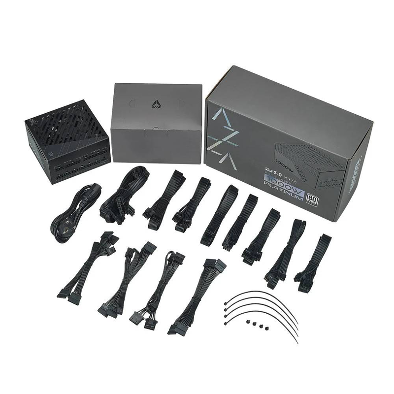 Azza psaz-1000p power supply 1000w atx 3.1 80 plus platinum fully modular 120mm hyb fan pcie 5 16-pin black-null