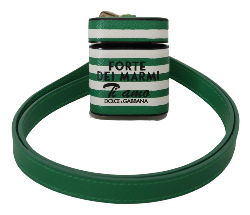 Green leather strap gold metal logo AirPods case-null