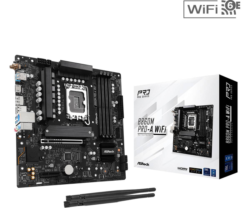 Asrock b860m pro-a Wi-Fi micro-atx motherboard lga1851 b860 ddr5 pcie 5.0 Wi-Fi 6e 2.5GBe black 90-mxbrs0-a0uayz-null