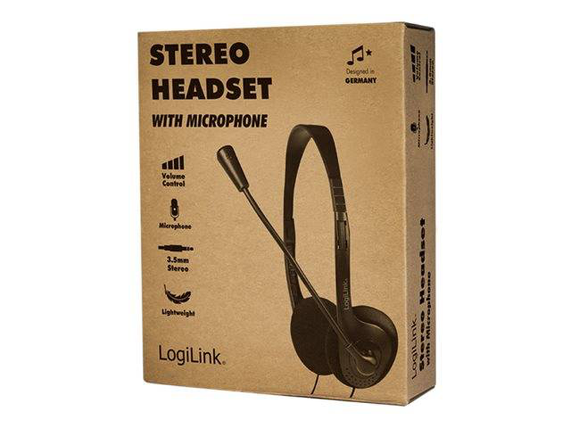Logilink hs0052 on-ear stereo headset wired dual 3.5mm jack boom microphone inline volume control black-null