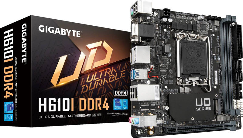 Gigabyte h610i ddr4 mini-itx motherboard lga 1700 intel h610 pcie 4.0 x16 m.2 quad display HDMI dp vga gbe black-null