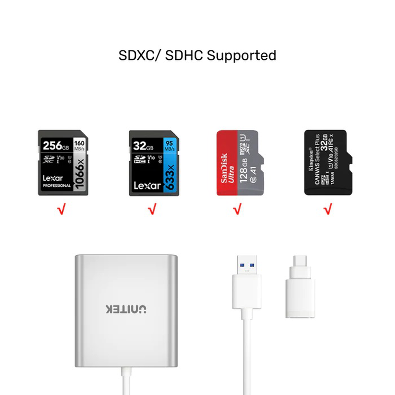 Unitek y-9313d USB-a/c 3.0 aluminium sd/micro sd/cf card reader, , medium-null