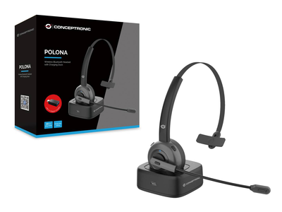 Conceptronic polona03bd mono bluetooth 5.0 headset on-ear wireless with charging dock noise-cancelling mic black, Black, medium