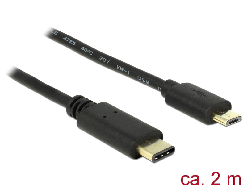 Delock - USB cable - USB-c (m) to micro-USB type b (m) - USB 2.0 - 3 a - 2 m - black-null