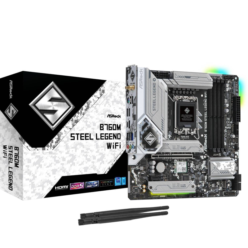 Asrock b760m steel legend Wi-Fi ddr5 micro-atx motherboard lga 1700 intel b760 pcie 5.0 triple m.2 Wi-Fi 6e 2.5GBe grey-null