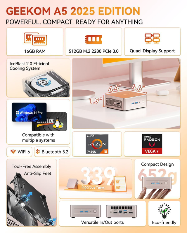 Geekom a5 mini pc ryzen5 7430u 16GB ddr5, 512GB SSD, 2.5GBe, HDMI/USB-c, win11 pro, , medium-null