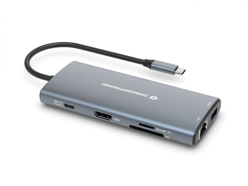 Conceptronic donn06g 10-in-1 USB 3.2 Gen 1 docking station, HDMI, 100w USB pd, USB-c 5GBps x 2, USB-a 5GBps x 3, sd, tf/microsd, gbe, , medium-null