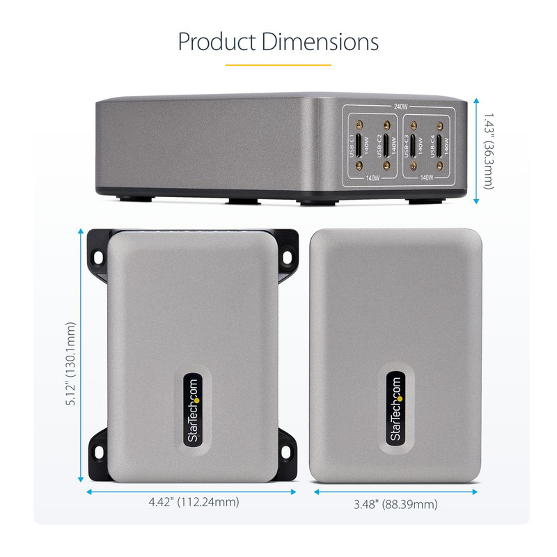 Startech.com 4-port USB-c charger, 240w total, single port 140w epr - power adapter - with surface mount bracket - 240 watt - 5 a - power delivery 3.1 - 4 output connectors (24 pin USB-c), , medium-null