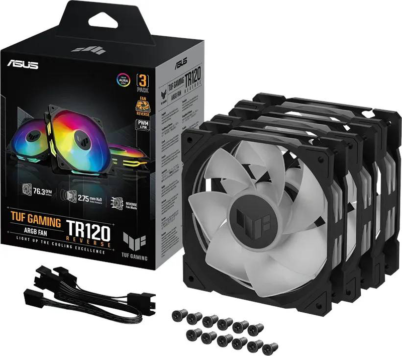 Asus tuf gaming tr120 argb reverse blade 120mm pwm case fan 3-pack 2000 rpm 16 addressable leds aura sync black-null