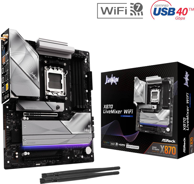 Asrock x870 livemixer Wi-Fi atx motherboard am5 AMD x870 ddr5 pcie 5.0 Wi-Fi 7 USB4 5GBe 90-mxbta0-a0uayz-null